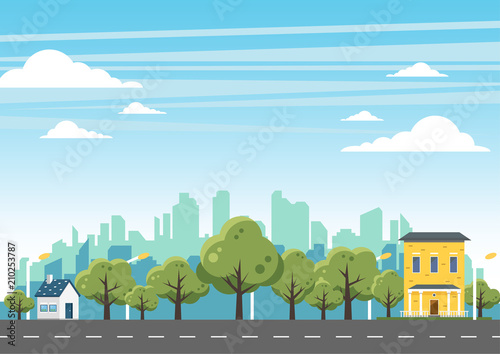 Panorama cityscape with different buildings. Private houses, cottage with park and blue skyIllustration on blue background. Vector illustration photo