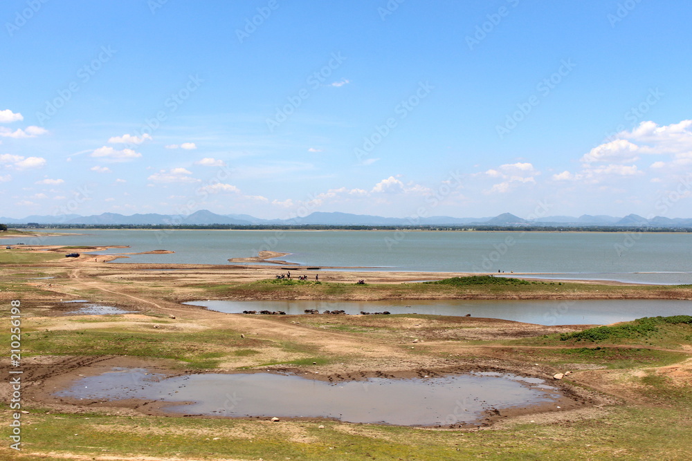 Landscape of Pa Sak Jolasid dam has little water (View from the train), Lop Buri Province, Thailand