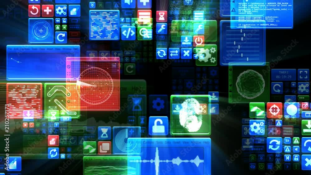 Control panel loop. Abstract digital technology mosaic background. Fly-through changing windows, and UI elements. Computer screen or HUD. High tech, futuristic, techno user interface. Red, green, blue Control panel loop. Abstract digital technology mosaic background. Fly-through changing windows, and UI elements. Computer screen or HUD. High tech, futuristic, techno user interface. Red, green, blue
