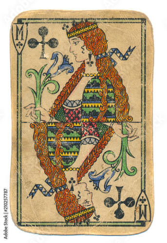 used ancient playing card queen of cross isolated photo