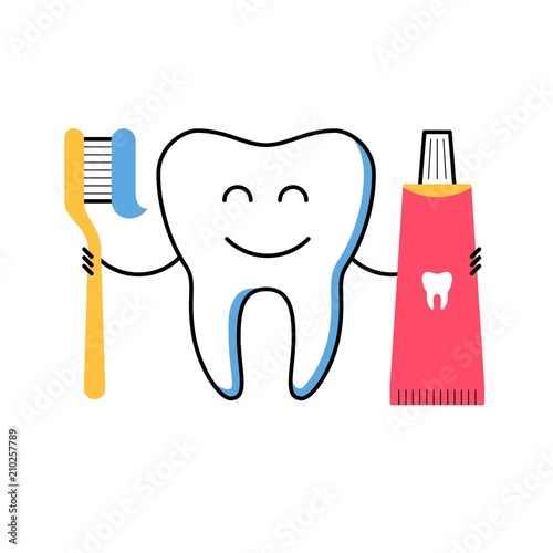 Dental healthcare icon with smiling tooth character holding toothbrush and toothpaste. Clean teeth concept. Modern dental clinic services. Stomatology check up, hygiene and treatment.