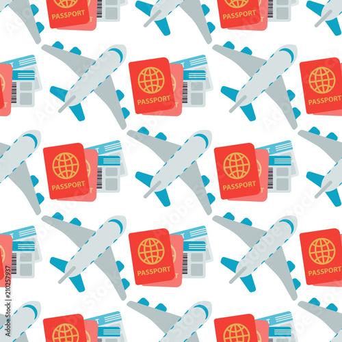 Vector airplane seamless pattern background illustration plane passenger white trip and aircraft transportation. photo