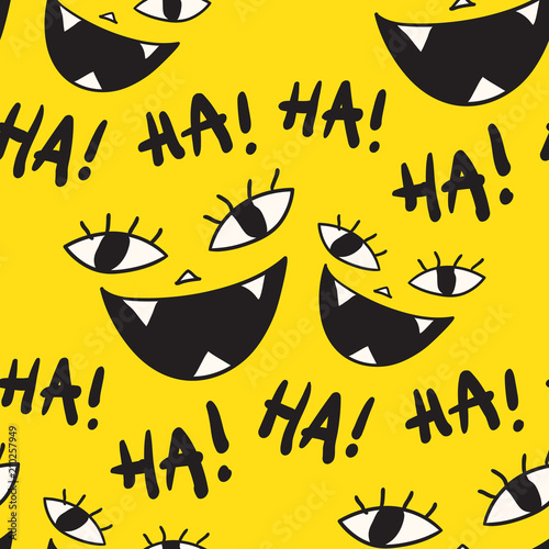 Smiling fun faces emoticon seamless vector pattern with text, ‘Ha ha!’.