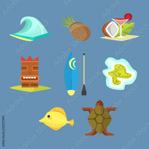 Hawaii icons tiki gods totem pole tiki torches and fish vector illustration.