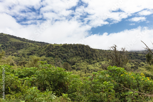 Landscape of Aderdare mountain. A blue sky and clouds over bright green jungle. Kenya