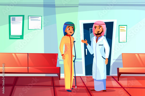 Muslim doctor and patient vector illustration of hospital or clinic. Saudi Arabia woman in khaliji and hijab with crutch on medical consultation with Arabian physician man