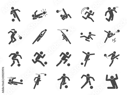Soccer in actions icon set. Included icons as football player, goalkeeper, dribble, overhead kick, volley kick, shoot and more.