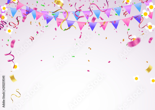 Set of gold, helium ball isolated in the air. Celebration background template with balloons, confetti and ribbon