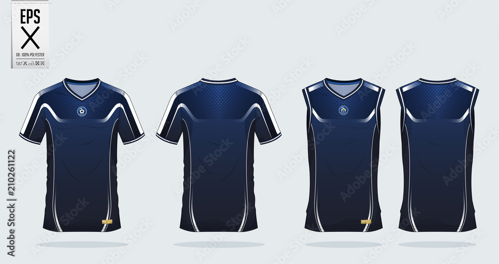 Fototapeta premium Blue and white t-shirt sport design template for soccer jersey, football kit and tank top for basketball jersey. Sport uniform in front and back view. Tshirt mock up for sport club. Vector