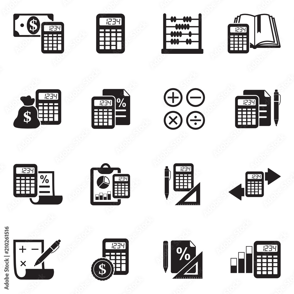 Calculation Icons. Black Flat Design. Vector Illustration. Calculation Icons. Black Flat Design. Vector Illustration.