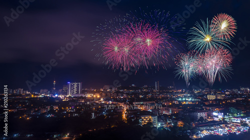 Fireworks celebration in Pattaya city at night time