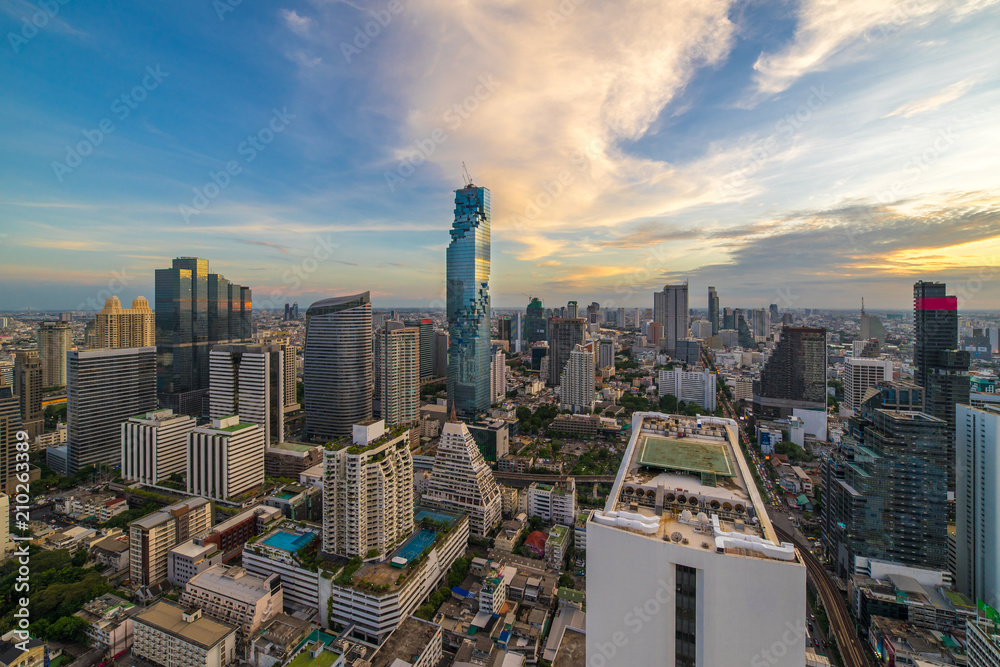 Aerial View of Skyscraper Cityscape at Evening Time, Bangkok, Thailand.