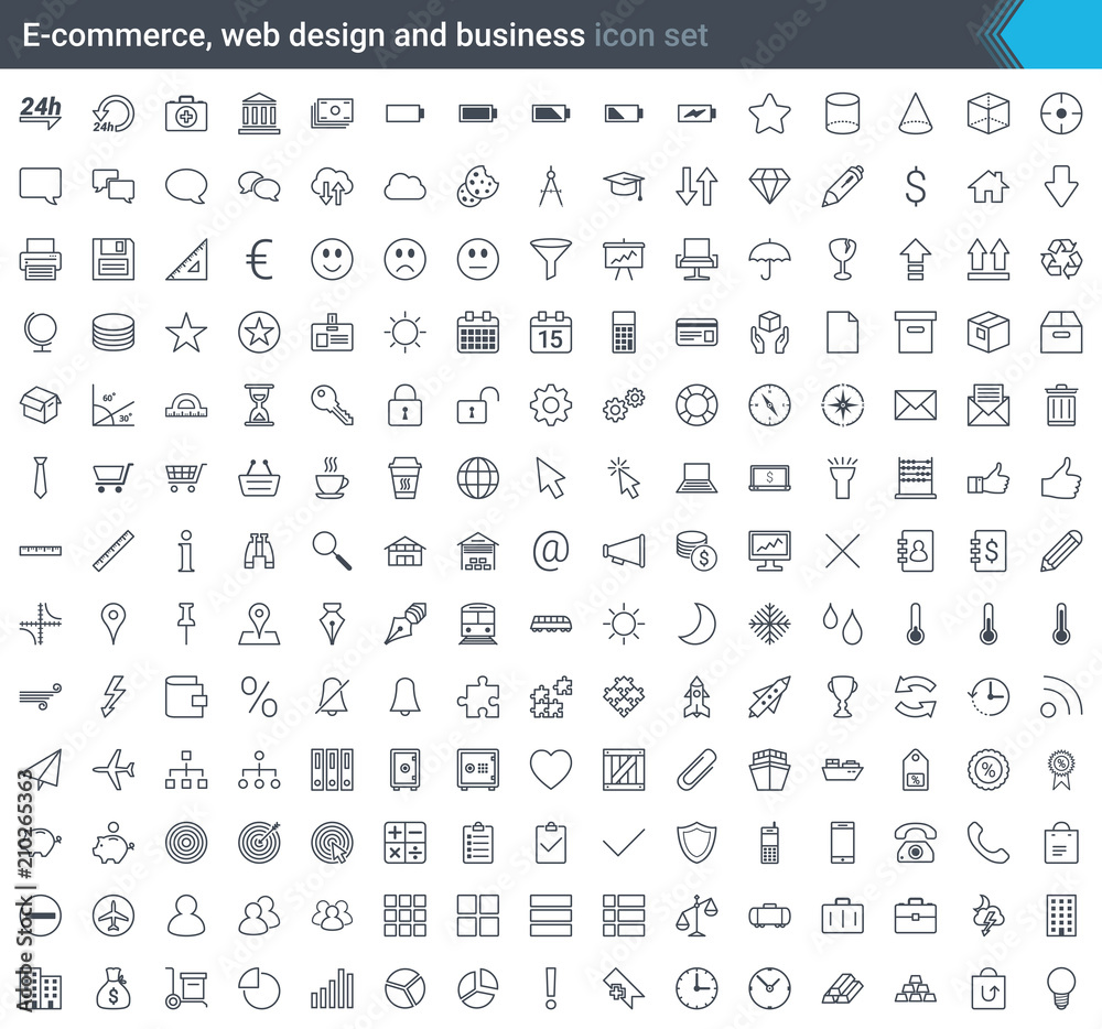 Business, e-commerce, web and shopping icons set in modern style isolated on white background. Stroke icons.