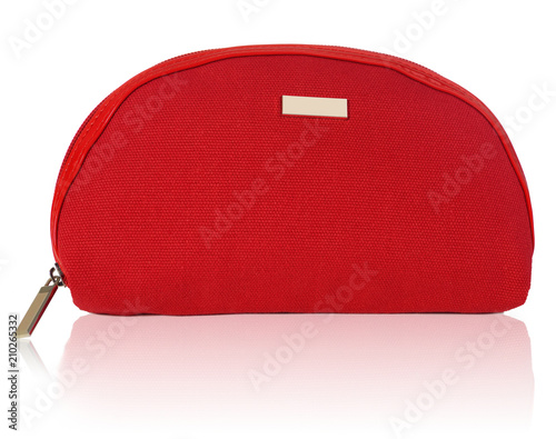 Feminine beautician to store cosmetics. Purse for women made of red material with space for a logo.