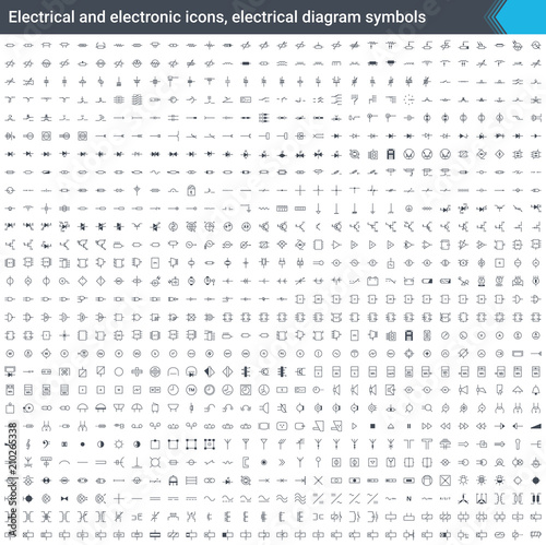Electrical and electronic icons, electrical diagram symbols. Circuit diagram elements. Stoke vector icons isolated on white background. © Vermicule design