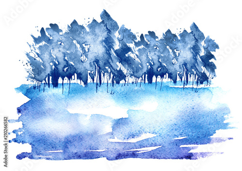 Watercolor winter blue wood. Blue  purple silhouette  landscape  trees and bushes on a hill. Linear pattern on white isolated background. Snow  snowdrift  river  abstract splash of paint.