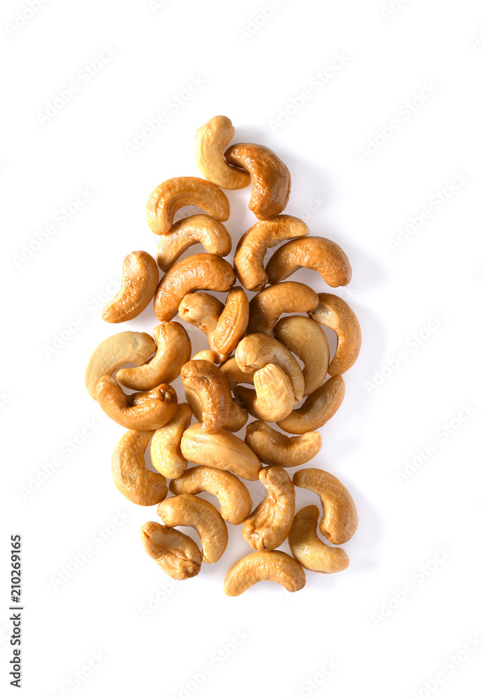 Roasted cashews isolated on a white background Roasted cashews isolated on a white background