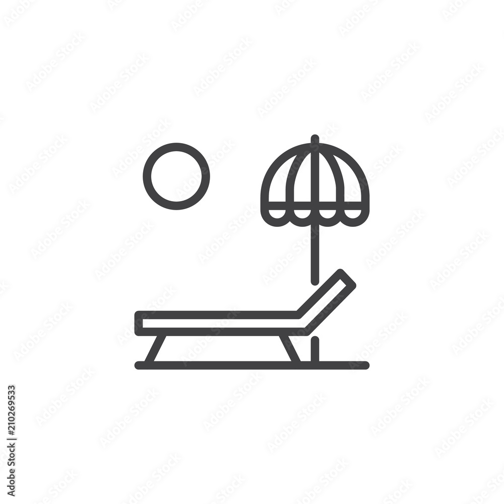 Sun lounger and Beach umbrella outline icon. linear style sign for mobile  concept and web design. Parasol, summer umbrella and sunbed simple line  vector icon. Symbol, logo illustration. Pixel perfect Stock Vector