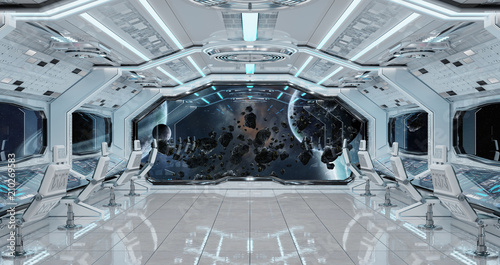 Fototapeta Naklejka Na Ścianę i Meble -  White clean spaceship interior with view on planet Earth 3D rendering