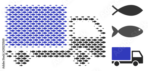 Fish delivery lorry halftone collage. Vector fish symbols are composed into delivery lorry collage. Eco design concept.