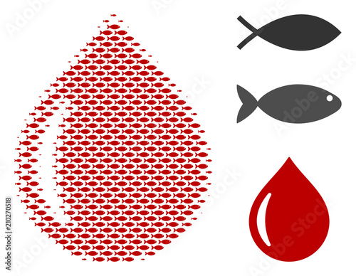 Fish drop halftone composition. Vector fish symbols are united into drop composition. Fishery design concept.