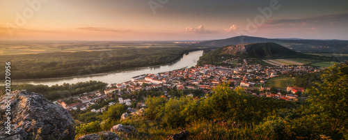 View of Small City of Hainburg an der Donau with Danube River as Seen from Rocky Hundsheimer Hill at Beautiful Sunset