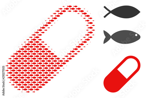 Fish medication granule halftone composition. Vector fish symbols are grouped into medication granule composition. Fishery design concept.