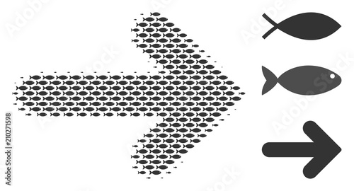 Fish right arrow halftone mosaic. Vector fish icons are arranged into right arrow mosaic. Ocean design concept.