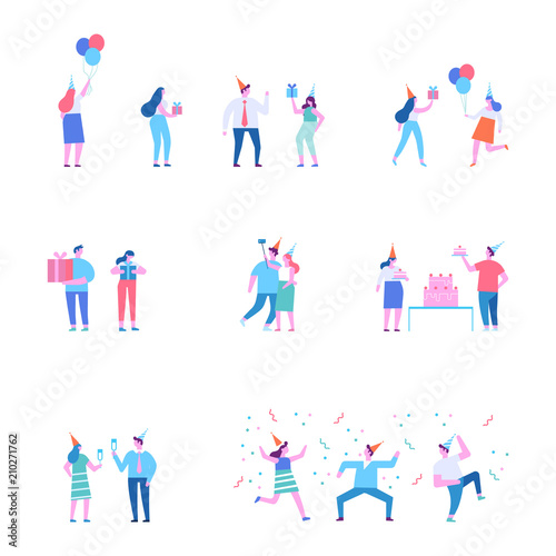Birthday party. Different people celebrate. Flat vector illustration.