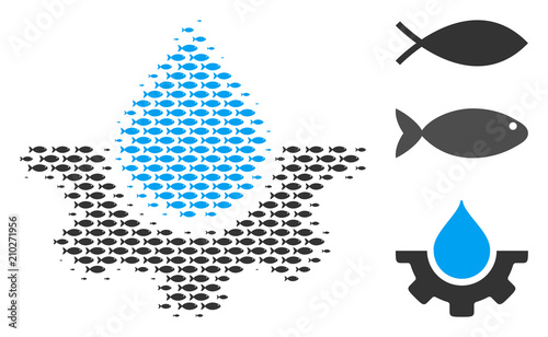 Fish water drop service cog halftone mosaic. Vector fish symbols are composed into water drop service cog mosaic. Eco design concept.