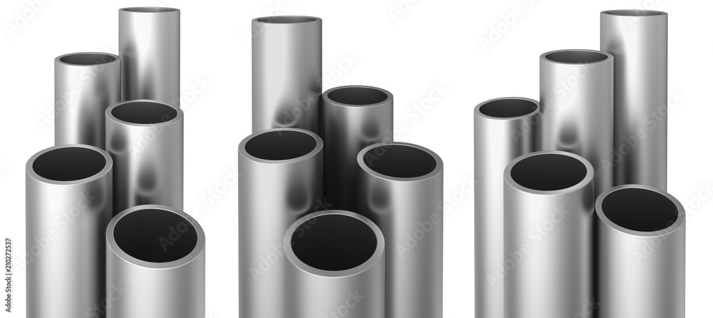 Collection of realistic silver pipe pieces. 3d rendering. Collection of realistic silver pipe pieces. 3d rendering.