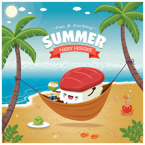 Vintage Summer poster with Maguro sushi character, sleeping net, palm tree.