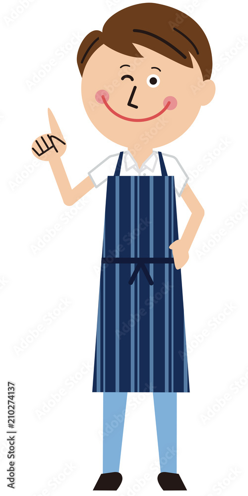 ポップなエプロンを着た男性が指差し