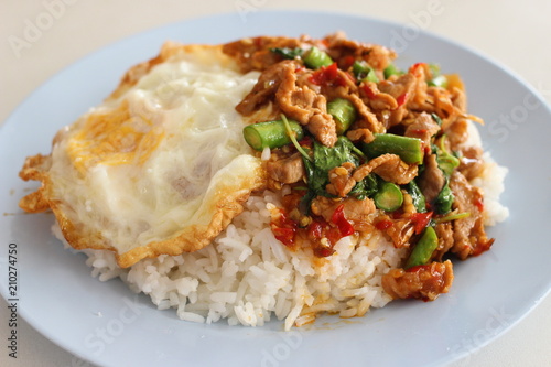 Kao-Pad-Kra-Prao, spicy food, chili food, or Thai rice with pork and basil, Thailand street food