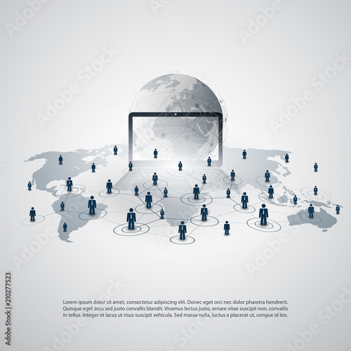 Networks - Business Connections - Abstract Cloud Computing and Global Network Connections Concept Design with World Map and Notebook - Illustration in Editable Vector Format