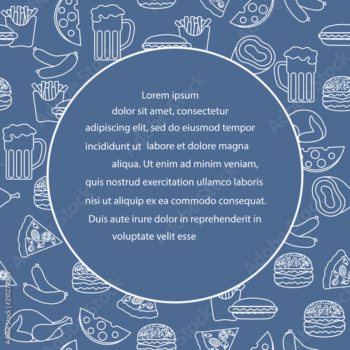 Beer, different types of food and fast food.