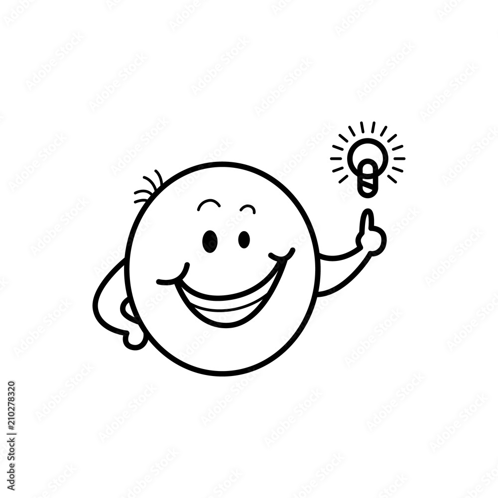 Cute male smiley face or emoticon in sketch style smiling with idea light  bulb symbol. Funny emoji with symbol of creativity and decision. Monochrome  black and white vector illustration Stock Vector |