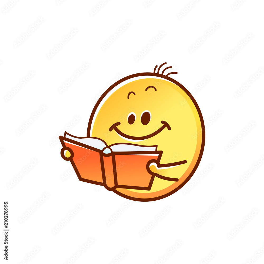 Smiley face reading book - cute smiling yellow emoticon ball with opened  red book isolated on white background. Back to school cartoon emoji student  in vector illustration. Stock Vector | Adobe Stock