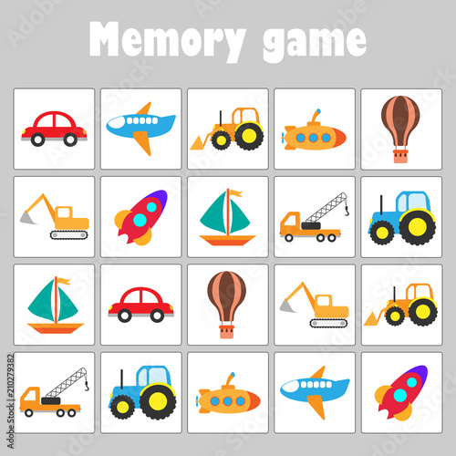Memory game with pictures (different transport) for children, fun education game for kids, preschool activity, task for the development of logical thinking, vector illustration