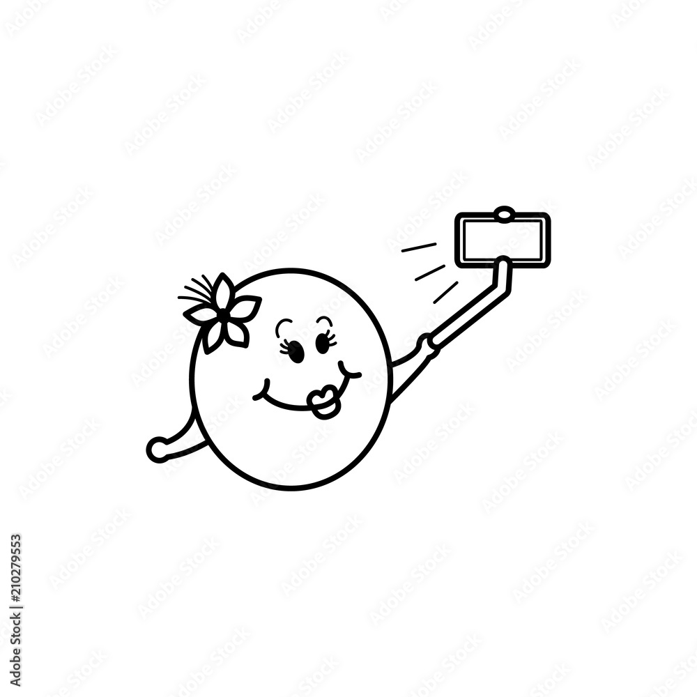 Smiley face girl with tropical flower in hair making selfie using smartphone and monopod isolated on white background. Summer vacation emoji in line vector illustration. Smiley face girl with tropical flower in hair making selfie using smartphone and monopod isolated on white background. Summer vacation emoji in line vector illustration.