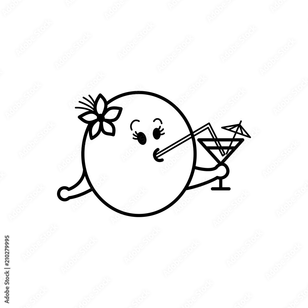 Smiley emoticon girl with tropical flower in hair drinking cocktail  isolated on white background. Cute emoji ball with alcohol drink on party  or summer beach vacation in line vector illustration. Stock Vector |