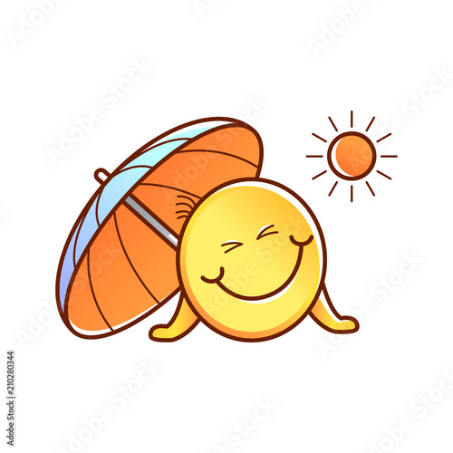 Cute male smiley face or emoticon in sketch style enjoys sun tan with sun  umbrella. Funny emoji on vacation. Summer holiday vector illustration Stock  Vector | Adobe Stock