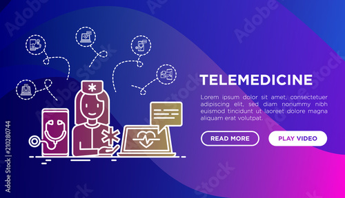 Online medicine, telemedicine concept with thin line icons: pill timer, ambulance online, medical drone, medical tracker, mHealth. Modern vector illustration, web page template on gradient background.