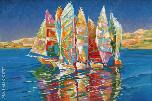 Fototapeta Naklejka Na Ścianę i Meble -  An oil painting on canvas. Autumn regatta. Author: Nikolay Sivenkov.