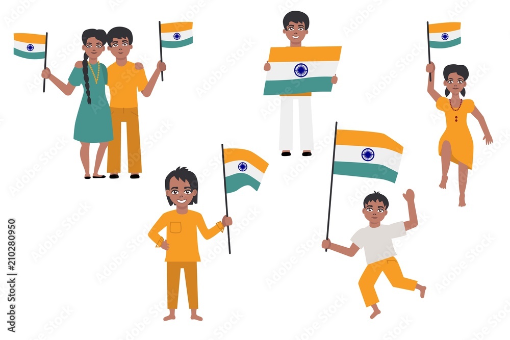 Indian people holding and waving indian flag set isolated on white  background. Vector illustration of happy male and female cartoon characters  with national tricolor flags. Stock Vector | Adobe Stock