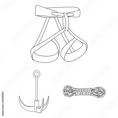 Mountaineering and climbing outline icons in set collection for design. Equipment and accessories vector symbol stock web illustration.