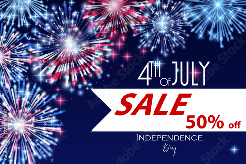 4th of July, American Independence Day celebration Flyer, Banner, Template or Invitation design with National Flag and Sparkling Fireworks.