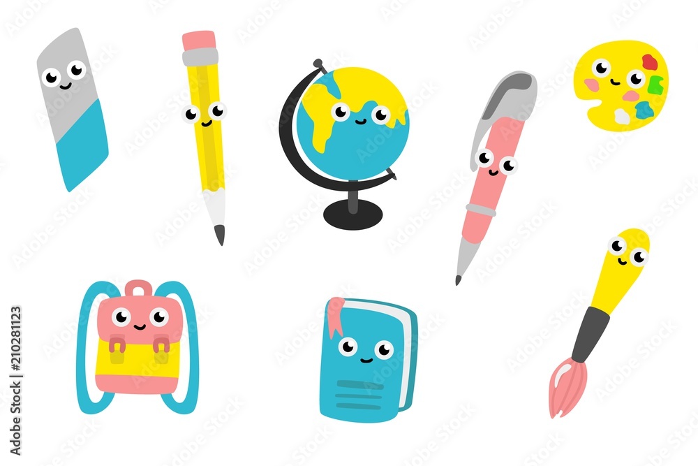 Cartoon cute school supplies characters set. Funny objects for education - textbook, pen and pencil with eraser, for art - brush with palette and schoolbag. Back to school design. Vector illustration Stock Cartoon cute school supplies characters set. Funny objects for education - textbook, pen and pencil with eraser, for art - brush with palette and schoolbag. Back to school design. Vector illustration Stock