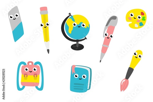 Cartoon cute school supplies characters set. Funny objects for education - textbook, pen and pencil with eraser, for art - brush with palette and schoolbag. Back to school design. Vector illustration