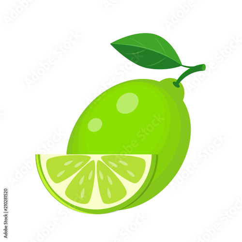 Juicy lime with green leaf and lime slice vector illustration is